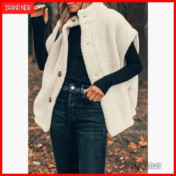 Oversized Fleece Sherpa Vest with Pockets, Button Down, Thigh Length